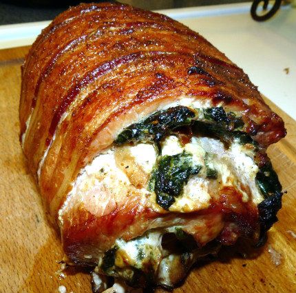 Stuffed Pork Loin (Cream cheese, spinach, mushrooms, sun-dried tomatoes) I didn't add the bacon to the outside but opted for fresh herbs instead for a healthier version. Stuffed Pork Loin Recipes Cream Cheese, French Onion Stuffed Pork Loin, Stuffed Pork Roast Recipes, Stuffed Pork Loin Recipes, Pork Roasts, Stuffed Pork Loin, Cheese Mushrooms, Cream Cheese Spinach, Cheese Spinach