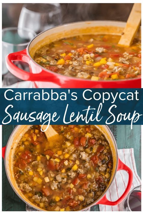 Copycat Carrabba's Sausage and Lentil Soup...your favorite restaurant comfort food made easy at home! This amazing sausage lentil soup is a staple at our house. So delicious! #soup #carrabbas #copycatrecipe #lentils #sausage #thecookierookie via @beckygallhardin Carrara’s Lentil Soup, Carabas Lentil Sausage Soup, Carabas Lentil Soup, Lentil Soup Recipe Crockpot, Copycat Soup Recipes, Simple Lentil Soup, Sausage And Lentil Soup, Sausage Lentil Soup, Copycat Soup