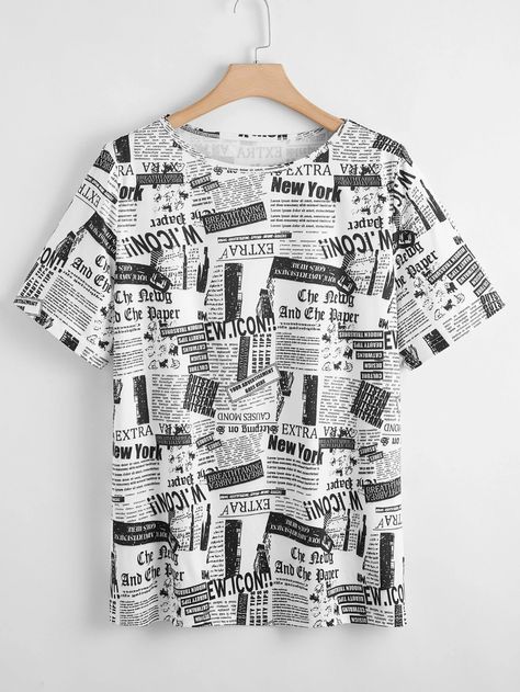 Plus Newspaper Print Tee | SHEIN USA Newspaper Shirt Design, Newspaper Tshirt Design, Newspaper Button Up Shirt, Newspaper Shirt, Newspaper Print Clothes, Newspaper Print Shirt, Newspaper Tank Top, Newspaper Print Corset Top, Newspaper Delivery