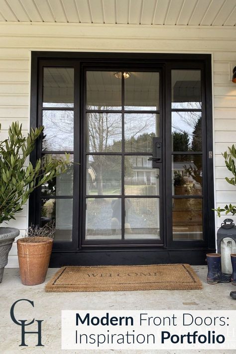 Metal Front Doors With Glass Panels, Iron Glass Doors Front Entry, Entry Door With Windows, Corner Doors Exterior, Large Single Front Door, Front Door With Large Window, Front Door Large Window, Back Door With Side Windows, Back Porch Windows And Doors