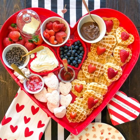 Celebrate Valentine's Day (or Galentine's Day) with a heart shaped waffle board for brunch! We found the perfect heart-shaped waffle maker too. Valentines Day Brunch Ideas, Waffle Board, Cute Breakfast Ideas, Valentines Party Food, Valentines Brunch, Valentines Breakfast, Perfect Heart, Valentine Desserts, Party Food Platters