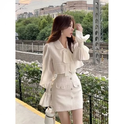 Trendy Tweed Suit Elegant Socialite Style Lightweight Spring Skirt 2-piece Set Women's Sweet Spicy Pretty Korean Dresses, Beautiful Korean Dress, Prep Skirt Outfit, French Aesthetic Clothes, Formal Kpop Outfits, Pretty Korean Outfits, Aesthetic Clothes Coquette, Kpop Ideas Outfit, Korean Elegant Style