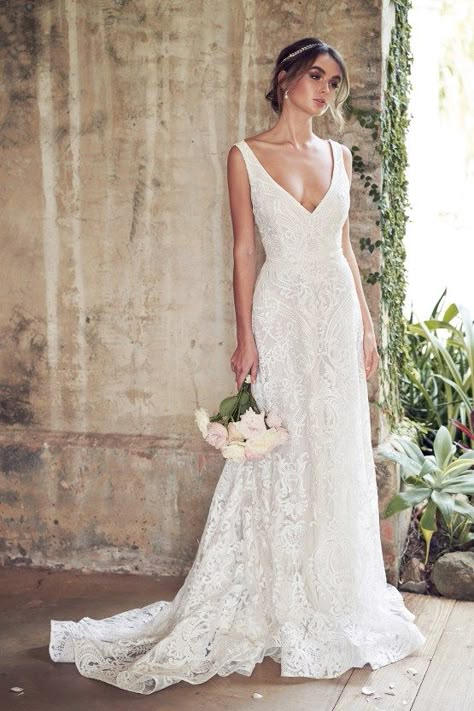 The Romantic & Sparkling Anna Campbell Wanderlust Wedding Dress Collection | Jamie Dress (Empress Lace Skirt) Lace Wedding Dress Sleeveless, Anna Campbell Wedding Dress, Wedding Dresses Kleinfeld, Anna Campbell, Kleinfeld Bridal, Australian Wedding, Applique Wedding Dress, Princess Wedding Dresses, Backless Wedding Dress