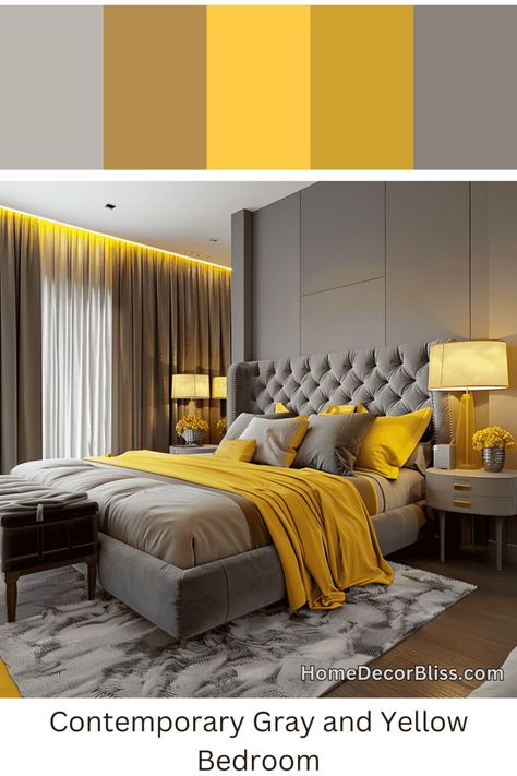 Contemporary Bedroom Design: Grey Tufted Headboard and Yellow Accents Yellow And Gray Bedroom Ideas, Contemporary Bedroom Design Ideas, Yellow And Grey Bedroom, Ochre Bedroom, Grey And Yellow Bedroom, Grey Tufted Headboard, Yellow Gray Bedroom, Colours That Go With Grey, Bedroom Concept