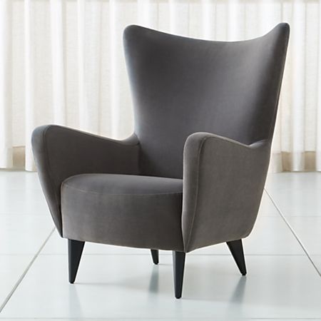 Elsa Grey Velvet Wingback Chair + Reviews | Crate and Barrel Family Room Chair, Modern Wingback Chairs, Grey Wingback Chair, Velvet Wingback Chair, Compact Table And Chairs, Teal Accent Chair, Rustic Farmhouse Living Room, Velvet Living Room, Swivel Chair Living Room