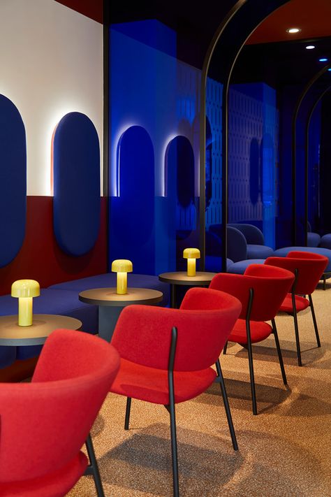 BALLARD FANT by FORO Studio | FENIX materials and solutions for interior design | Blue And Red Interior, Red Restaurant, Glass Restaurant, Blue Interior Design, Sunday Inspiration, Yellow Lamp, Interior Design Awards, A Thing Of Beauty, Red Chair