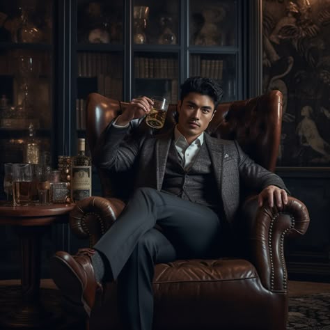 British Actor Henry Golding sitting on a leather chair toasting whiskey into the air. Glamore shot A Guy Sitting On A Chair, Man Reclining Pose, Gangster Poses Men, Whiskey Aesthetic Man, Chair Aesthetic Photography, Brutes Of Bristlebrook, Business Man Photoshoot, Man Sitting In Chair Pose, Man Sitting Reference