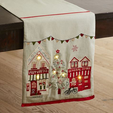 Christmas Village LED Light-Up 72" Table Runner #affiliate Table Runner White Christmas, Christmas Embroidery Table Runner, Christmas Applique Table Runner, Hand Embroidered Table Runner Christmas, Christmas Table Runners Quiltedembroidery Christmas Table Runner, Xmas Table Runners, Modern Table Runners, Long Table Runner, Blue Christmas Decor