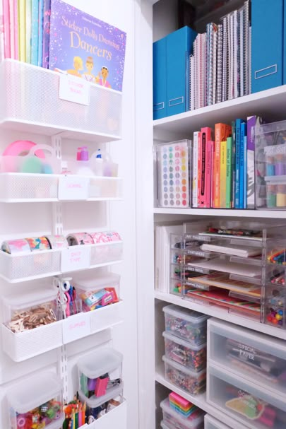 Closet Office Organization, Craft Closet Organization, Home Office Closet, Craft Closet, Cleaning Supplies Organization, Craft Storage Organization, Girls Playroom, Home Edit, Sticker Books