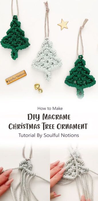 Easy Diy Yarn Ornaments, Macrame Tree Ornaments Diy, Easy Macrame Christmas Gifts, Macrame Christmas Tree Wall Hanging Pattern Free, Macrame Tree Ornament Diy, Macrame Xmas Tree Tutorial, Christmas Macrame Diy, Easy Macrame Ornaments, Macrame Christmas Ornaments Diy