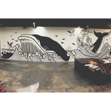 Finished wall at the @abandonship_glasgow store by myself and @iainsellar cheers @abandonshipapparel for having us! #illustration #mural #wallart #bigart #whale #ship #abandonship #skeleton #posca Wall Drawing Ideas, Illustration Mural, Bathroom Mural, Sea Creatures Art, Interior Murals, Boston Art, Room Wall Painting, Surf Decor, Posca Art