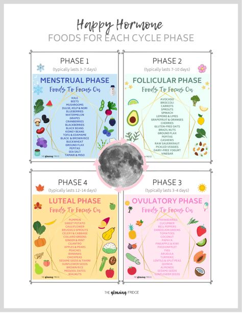 Plant Based Foods for Each Cycle Phase. Cycle Syncing. A helpful PDF printout that you can hang on your fridge so you always have the most cycle-supporting foods available to you! #happyhormones #naturalhormonebalance #cyclesyncing How To Track Your Menstrual Cycle, Foods To Support Menstrual Cycle, Foods To Eat Based On Cycle, Hormone Cycle Diet, Workouts Based On Your Cycle, Cycle Eating Plan, Food Cycling Period, Eating For Your Cycle, Cycle Syncing Meal Plan