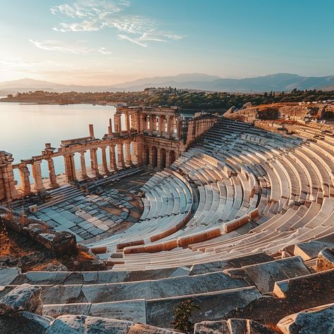 Ancient Amphitheater Sunrise: A breathtaking sunrise casting a warm glow over an ancient amphitheater's stone structures by water. #ancient #sunrise #amphitheater #architecture #history #aiart #aiphoto #stockcake ⬇️ Download and 📝 Prompt 👉 https://ayr.app/l/fERG Amphitheater Aesthetic, Architecture Terminology, Ancient Greece Aesthetic Architecture, Ancient Amphitheatre, Greek Amphitheater, Grecian Architecture, Ancient Buildings Architecture, Amphitheater Architecture, Greece Project