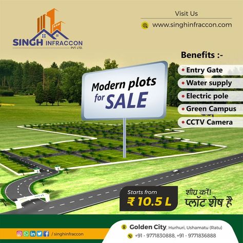 Modern plots for sale! Benefits:- -Entry Gate -Water supply -Electric pole -Green Campus -CCTV Camera Price starts at Rs 10.5 lakhs Contact Us; 🌐www.singhinfraccon.com 📞+91 9771830888 #plots #realestate #property #investment #residential #residentialplots #home #plotsforsale #properties #smartcity #luxury #residentialplotsindholera #islamabad #villas #booknow #singhinfraccon Open Plots Creative Ads, Green Campus, Electric Pole, Plot Plan, Standee Design, Entry Gate, Golden City, Property Investment, Nature Friendly