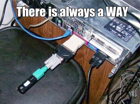 Parallel to serial> db25 to db9 > db9 to ps2 > ps2 to usb > usb stick = slow data transfer Ingenieur Humor, Humour Geek, Technology Humor, Programming Humor, Computer Humor, Funny P, Tech Humor, Nerd Humor, Geek Humor