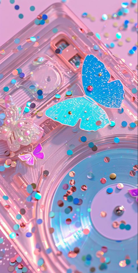 Dive into a bubblegum pink and baby blue Y2K dreamland with this iPhone wallpaper, perfect for nostalgia lovers. Featuring glittery butterflies, a retro CD player, holographic stickers, and a charming pixelated heart icon, this design embodies the quintessential Y2K aesthetic. Brighten your screen with a blast from the past, bringing playful vibes and a pop of color to your day. #Y2KAesthetic #GlitteryButterflies #RetroWallpaper #iPhoneWallpaper Backgrounds Y2k, Wallpapers Y2k, Iph Wallpaper, Y2k Blue Aesthetic, Holographic Wallpapers, Y2k Wallpaper Iphone, Cute Iphone Wallpaper Tumblr, Iphone Pink, Baby Blue Wallpaper