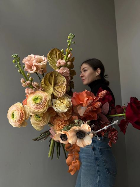 Apricot Lisianthus, Anthurium Arrangement, Pink Anthurium, Monochromatic Flowers, Orange Eucalyptus, Peach Ranunculus, Burn Orange, Flowers House, Copper Beech