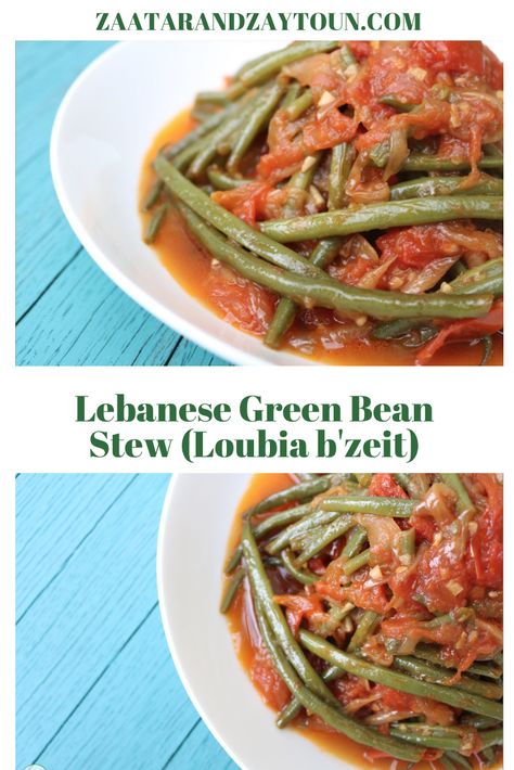 Lebanese Green Bean Stew (Loubia b'zeit) by Zaatar and Zaytoun #lebanesefood #lebabesecuisine #vegan #easy #healthy #greenbeans #vegetarian #weeknightdinner #lebaneserecipe Middle Eastern Green Beans, Lebanese Green Beans, Lebanese Recipes Authentic, Green Bean Stew, Arab Food, East Recipes, Middle East Recipes, Dinner Buffet, Lebanese Cuisine