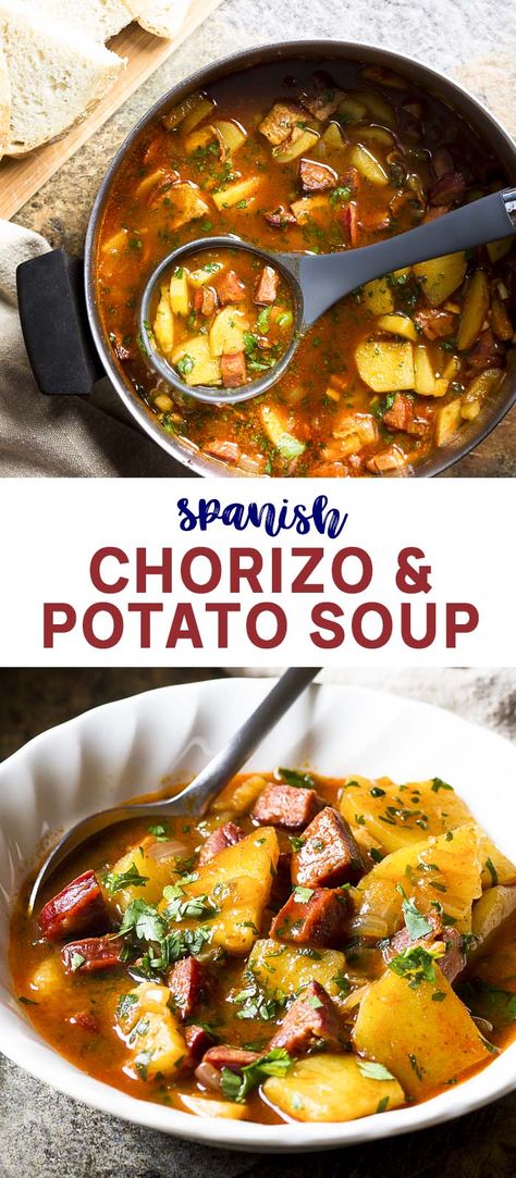 Appetizers Potato, Chorizo Recipes Dinner, Chorizo Potatoes, Soup With Chorizo, Spanish Soup, Chorizo Soup, Spanish Potatoes, Spanish Chorizo, Chorizo And Potato