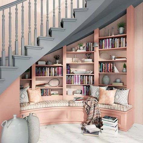 Under Spiral Staircase Ideas, Under Stair Cubby Ideas, Under Spiral Stairs Ideas, Under Curved Stairs Storage Ideas, Under Curved Stairs Ideas, Under Stairs Bookcase, Under Open Stairs Ideas, Nook Under Stairs Ideas, Reading Nook Under Stairs