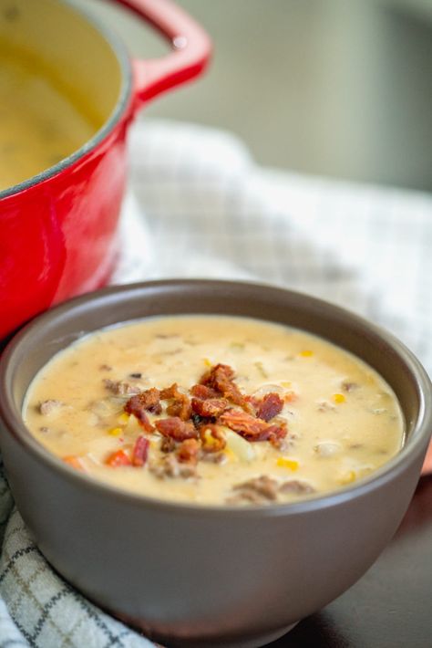 Cheesy Cowboy Soup | 12 Tomatoes Cheesy Cowboy Soup, Cowboy Soup, Soup And Stew, Soup And Salad, A Bowl, Soups And Stews, Main Course, Gourmet Recipes, Ground Beef