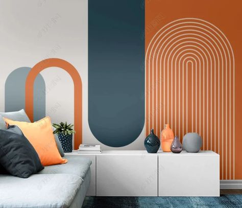 Colorful Shapes Wallpaper Asymmetric Peel and Stick - Etsy Blue Orange Room, Colorblock Wall, Blue Entryway, Geometric Shapes Wallpaper, Shapes Wallpaper, Wall Color Combination, Bohemian Wallpaper, Wallpaper Luxury, Water Weight