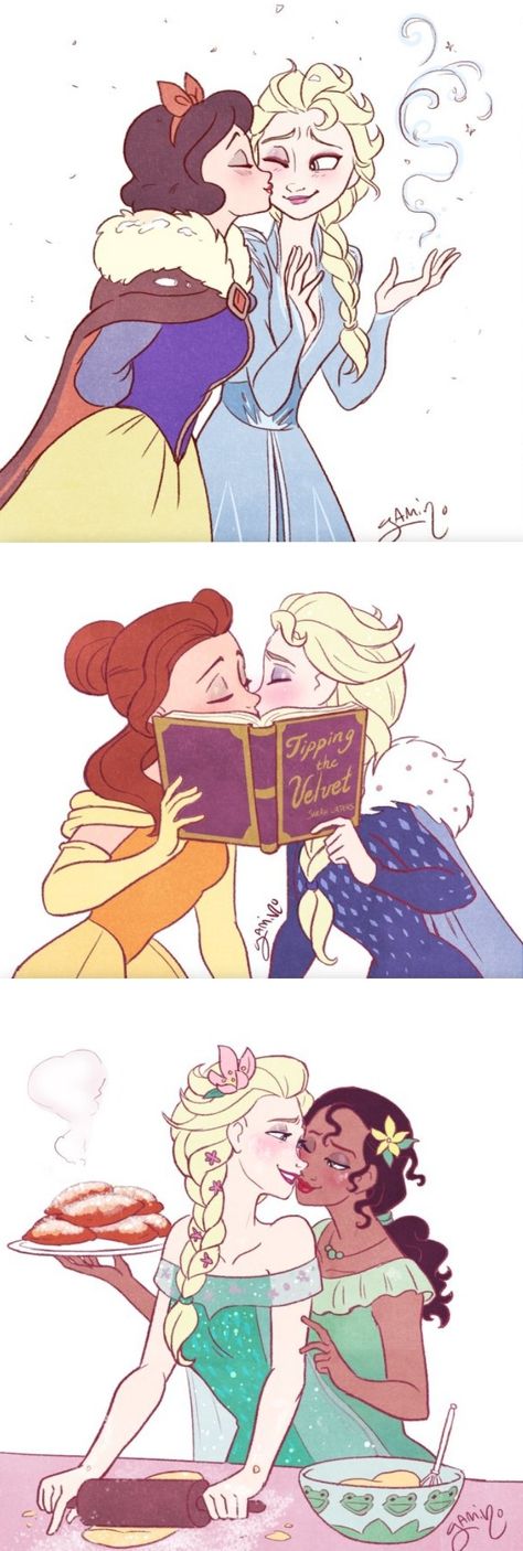 Disney Princess Yuri Kiss, Disney Crossovers Ships, Gay Disney Princesses, Disney Ships Crossover, Wlw Kiss Art, Gay Disney Ships, Disney Princess Kiss, Gl Fanart, Wlw Fanart