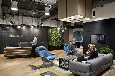 Reception area from Microsoft's offices in Nashville, Tennessee Industrial Office Reception, Industrial Office Lobby, Industrial Office Interior, Decorating Your Office At Work, Office Reception Design, Surface Studio, Industrial Office Design, Microsoft Office 365, Office Tour