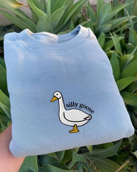 💥💥💥💥 Looking lovely in light blue! #burnsyembroidery #embroidery #sillygoose Silly Goose Sweatshirt, Goose Sweatshirt, Embroidery Blue, Silly Goose, Embroidery On Clothes, 자수 디자인, Fabric Structure, Junk Drawer, Not Ready