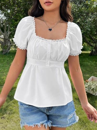 SHEIN EZwear Lace Trim Button Half Placket Blouse | SHEIN USA Peplum Top Outfits, White Puff Sleeve Top, Blouse Peplum, Flowy Shirts, White Flowy Top, White Peplum Tops, Modest Tops, Fashion Top Outfits, White Peplum