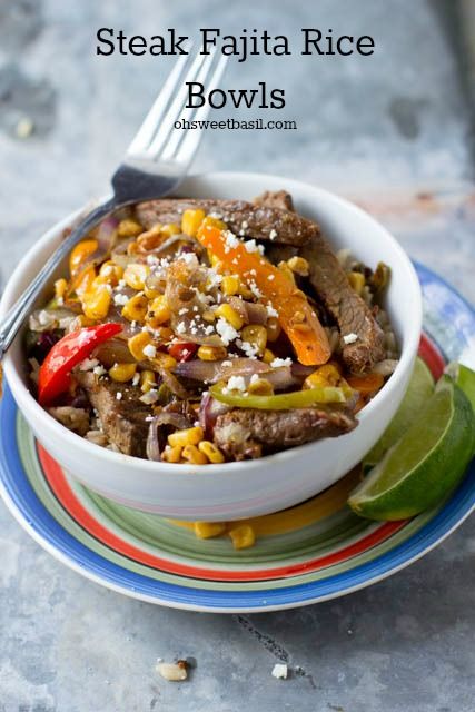 Steak+Fajita+Rice+Bowls+{Oh+Sweet+Basil}+|+Healthy+Ideas+for+Kids Fajita Rice, Oh Sweet Basil, Sauteed Peppers, Steak Fajitas, Seasoned Rice, Sweet Basil, Grilled Steak, Food Heaven, Healthy Ideas