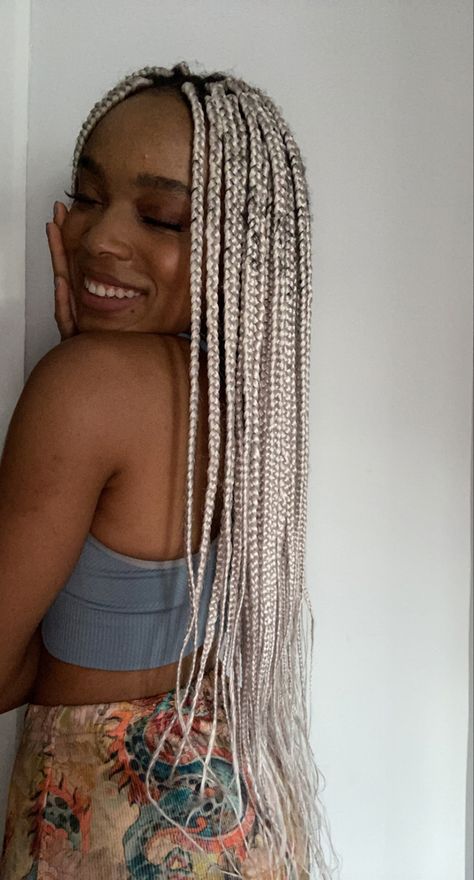 Platinum Twists Black Women, Platinum Blonde Box Braids Black Women, Blonde Braids Black Women Platinum, Platinum Braids On Black Women, White Braids For Black Women, Platinum Box Braids, Braids On White Women, Platinum Blonde Box Braids, Platinum Blonde Braids