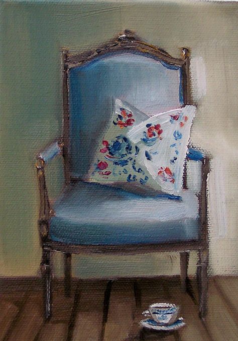 "A Cup of Tea" by Janet Hill Janet Hill, Blue Antique, Plastic Adirondack Chairs, Interior Illustration, Art Chair, Painted Chairs, A Cup Of Tea, Still Life Art, Take A Seat