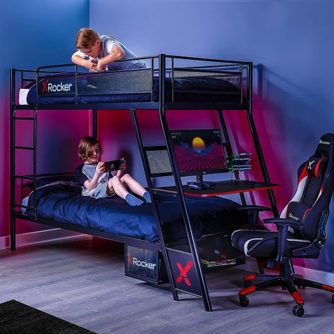 Gaming Bunk Bed, Single Bed Frames, Gaming Desk Black, Integrated Desk, Gaming Bed, Gaming Bedroom, Bunk Bed With Desk, Led Beds, High Sleeper