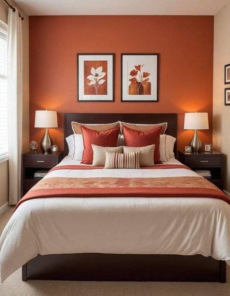 Bedroom Paint Colors Relaxing, Orange Bedroom Walls, Small Bedroom Inspiration, Beautiful Bedroom Colors, Girl Apartment Decor, Room Color Combination, Bedroom Color Combination, Interior Design House, Bedroom Orange