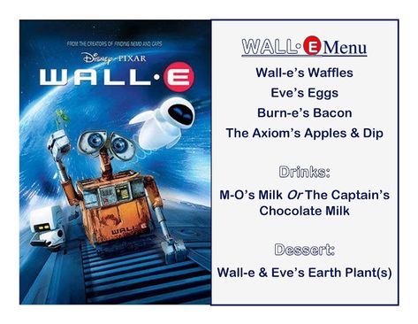 DISNEY MEAL #25 - WALL-E! Has link to pictures of How the Meal Came Together & The Treat! Happiest Memories On Earth - is an awesome blog that has SO MANY Disney Meal Ideas and MORE!! Wall E Disney, Disney Movie Themed Dinner, Disney Meals, Family Movie Night Themes, Disney Movie Night Menu, Theme Dinners, Movie Recipes, Themed Meals, Disney Themed Movie Night