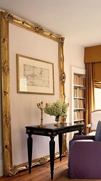 HUGE frames - I love the idea of just leaning on up against an entire wall and hanging more art inside Chaise Mauve, Deco Violet, Belgian Pearls, Custom Framed Art, South Shore Decorating, Empty Frames, Deco Salon, Mirror On The Wall, Enchanted Home