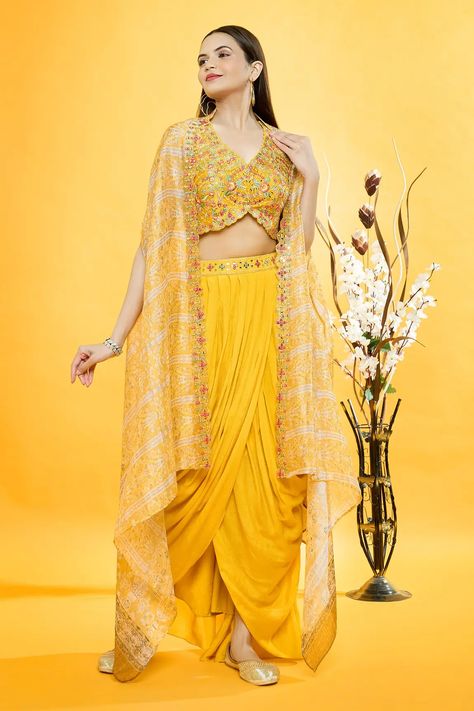 Yellow Silk Chandelier Print Cape And Dhoti Skirt Set Crop Top With Dhoti, Silk Chandelier, Dhoti Skirt, Organza Cape, Lengha Blouse Designs, Haldi Outfits, Kaftan Tunic, Printed Organza, Wedding Lehenga Designs