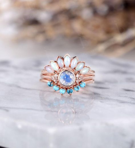 Vintage Wedding Rings Rose Gold, Weddings Rings, Turquoise Wedding Band, Moonstone Engagement Ring Set, Opal Wedding Band, Opal Wedding, Vintage Rose Gold, Turquoise Wedding, Moonstone Engagement