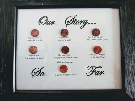 Pennies Crafts, 7 Year Wedding Anniversary, Penny Crafts, Anniversary Ideas For Him, Diy Anniversary Gifts For Him, 7 Year Anniversary Gift, Anniversary Diy, 8th Wedding Anniversary Gift, Marriage Anniversary Gifts