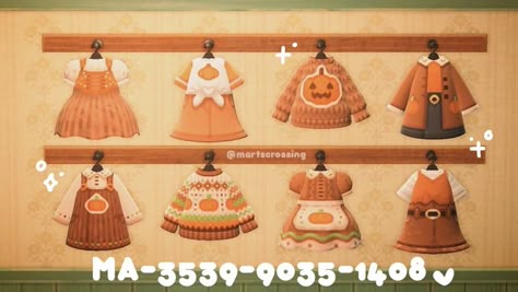 Animal Crossing Fall Codes Clothes, Fall Decor Animal Crossing, Acnh Fall Dress Designs, Anch Fall Codes, Fall Outfit Animal Crossing, Acnh Autumn Clothes Codes, Acnh Fall Island Codes, Autumn Design Codes Acnh, Anch Fall Outfits Codes