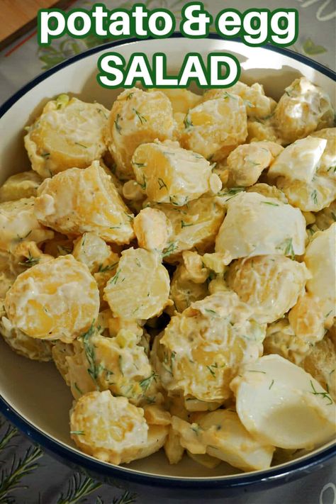 Potato and Egg Salad or Deviled Egg Potato Salad with mustard, cider vinegar, mayo, dill and spring onions, a recipe to please a crowd. A great choice for a BBQ side, picnic, or any other occasion. Easy to put together, gone from the plate in seconds. Potato Salad With Mustard, Potato And Egg Salad, No Mayo Potato Salad, Simple Potato Salad, Mayo Potato Salad, Egg Potato Salad, Potato Salad No Mayo, Salad With Egg, Deviled Egg Potato Salad