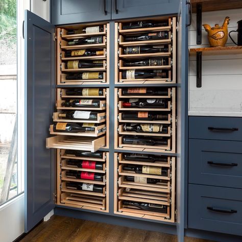 25 Likes, 2 Comments - Rockwood Cabinetry (@rockwoodcabinetry) on Instagram: “Unique wine cellar ideas for the more modest wine enthusiast. @adaptdesignpdx @salvageworkspdx” Blue Cabinet Black Hardware, Blue Shaker Kitchen Cabinets, Black Hardware Kitchen, Wine Cellar Ideas, Navy Kitchen Cabinets, Blue Shaker Cabinets, Blue Shaker Kitchen, Kitchen Pantry Ideas, Navy Blue Kitchen Cabinets