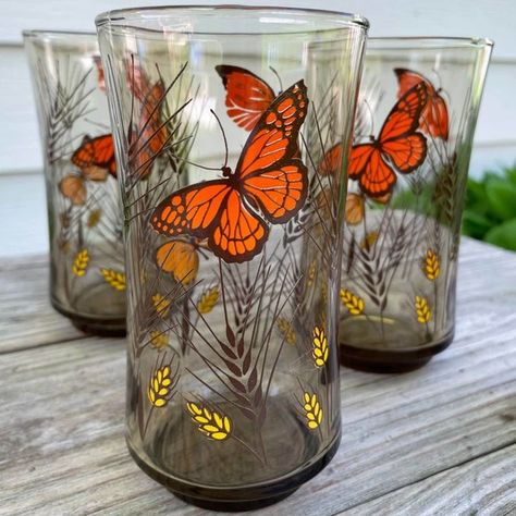 4 Vintage Libbey Butterfly Tawny Garden Party 6.5" Tall 18 oz 70s Inspiration, Libby Glasses, Libbey Glasses, Vintage Dishes, 70s Inspired, Vintage Glassware, Vintage Love, Pyrex, Garden Party