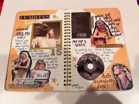 Fearless Taylor Swift Scrapbook, Speak Now Scrapbook, Taylor Swift Scrapbook, Taylor Swift Journal, Fearless Aesthetic, Fearless Album, Taylor Swift Book, Photos Of Taylor Swift, Creative School Project Ideas