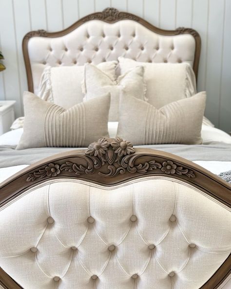 Introducing our exquisite French-style Elysee tufted queen bed, a stunning addition to any bedroom. Crafted from solid mahogany wood, this bed boasts intricate hand-carved details and elegant cabriole style legs, blending timeless craftsmanship with timeless design. #sydneyinteriorstyling #sydneyinteriors #frenchprovincialfurniture #frenchcountrydecor #bedroomstyling #bedroomgoals #bespokefurniture #handcarvedwood French Design Style, Classic Bedroom Design, Dining Room Design Luxury, French Style Bed, French Provincial Furniture, Provincial Furniture, Classic Bedroom, Bedroom Bed Design, House Furniture Design