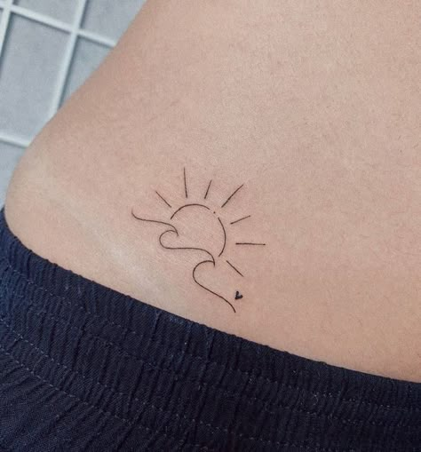 Wave To Sun Tattoo, Beach Tattoo Linework, Sunset With Waves Tattoo, Sunshine And Wave Tattoo, Sun And Surf Tattoo, Sun Wave Flower Tattoo, Sun Over Waves Tattoo, Sunshine Wave Tattoo, Heart Wave Sun Tattoo