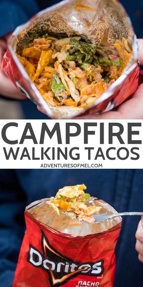 Camping Tacos, Taco Fixings, Walking Tacos Recipe, Taco In A Bag, Easy Campfire Meals, Campfire Dinners, Camping Meal Planning, Walking Taco, Boat Food Ideas