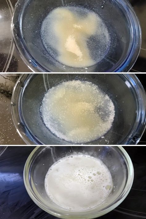 A 3 part image showing gelatin being bloomed in water and melted. Frosting With Gelatin, Whipped Cream With Milk, Stable Whipped Cream Frosting, Stable Whipped Cream, Stabilized Whipped Cream Frosting, Perfect Whipped Cream, Stabilized Whipped Cream, How To Make Marshmallows, Gelatin Recipes