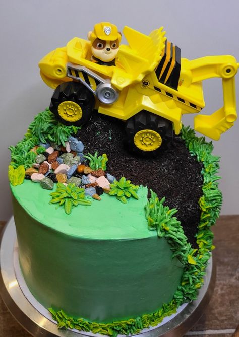 Paw patrol cake with rubble topper Rubble Cake Paw Patrol, Loader Cake, Rubble Birthday Cake, Rubble Paw Patrol Cake, Paw Patrol Cakes, Robin Cake, Boys Bday Cakes, Cupcake Prices, Baby Joey